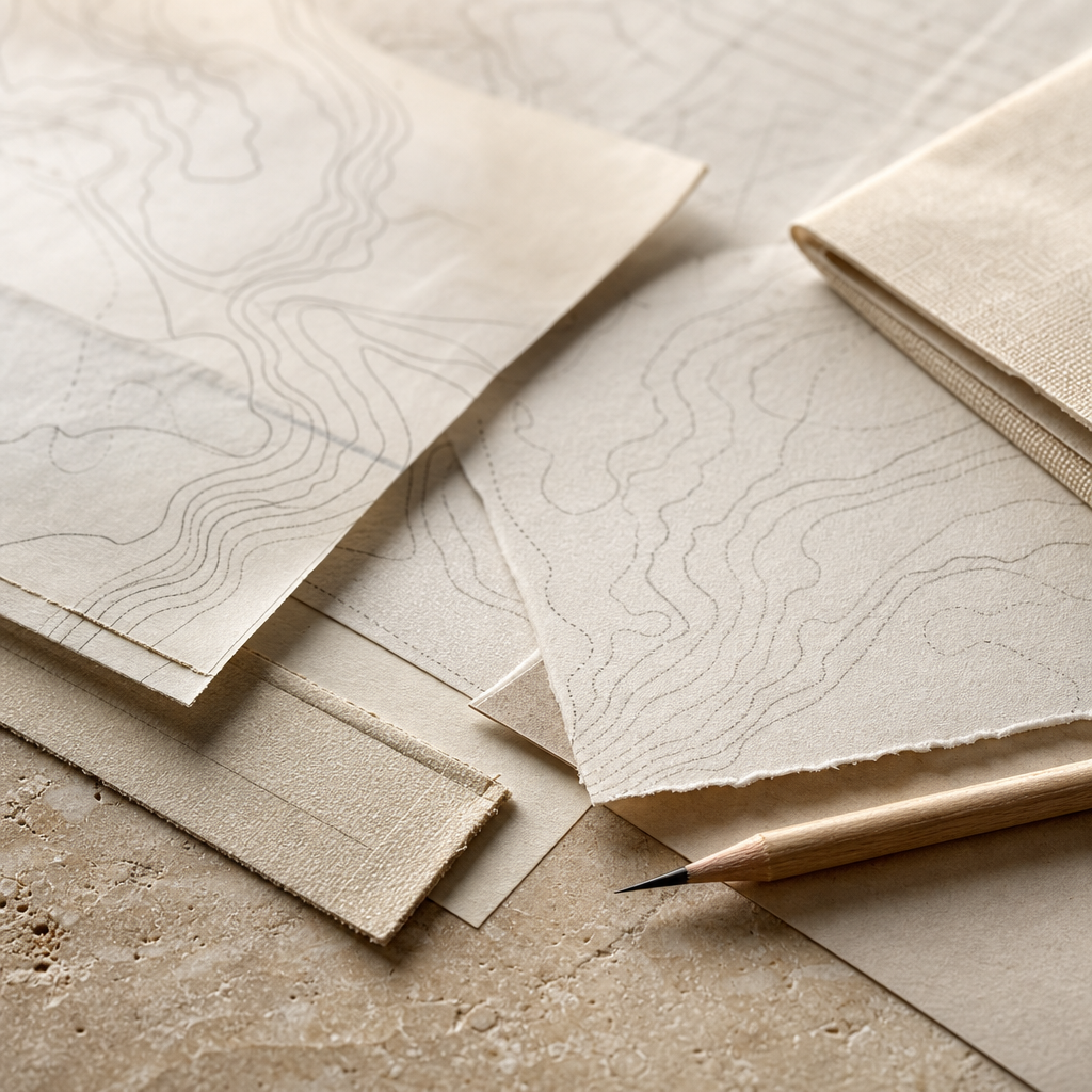 Layered archival documents and a drafting pencil on a warm stone surface