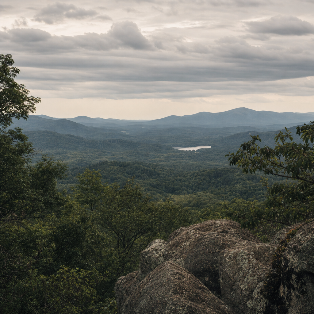 Quiet wooded foothills under soft overcast light near Walhalla, South Carolina