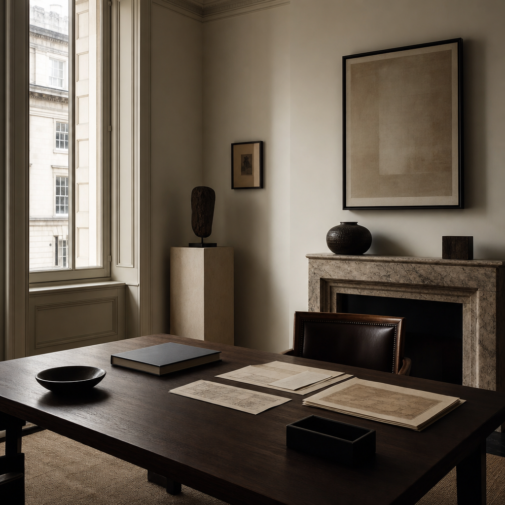 A quiet, refined private office interior in soft daylight