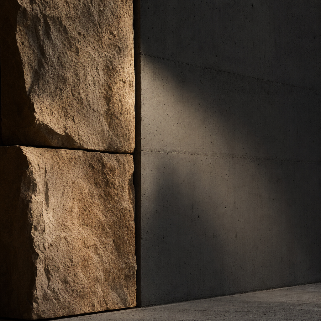 Natural cut stone meeting a minimalist concrete wall in soft shadow